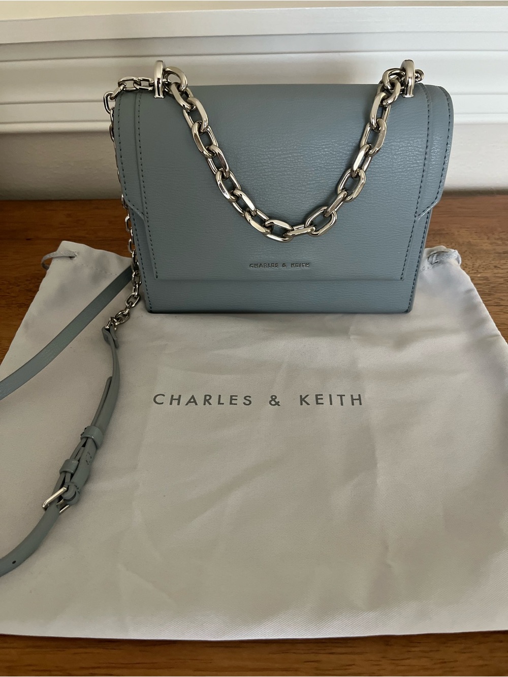 Charles & Keith Powder Blue Leather Chain Shoulder Bag